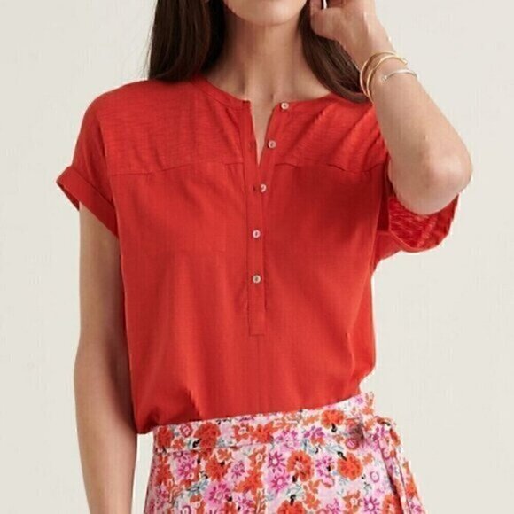 Lucky Brand Tops - LUCKY BRAND Mixed Media Henley Coral Red Short Sleeve Cuffed Popover Blouse Top
